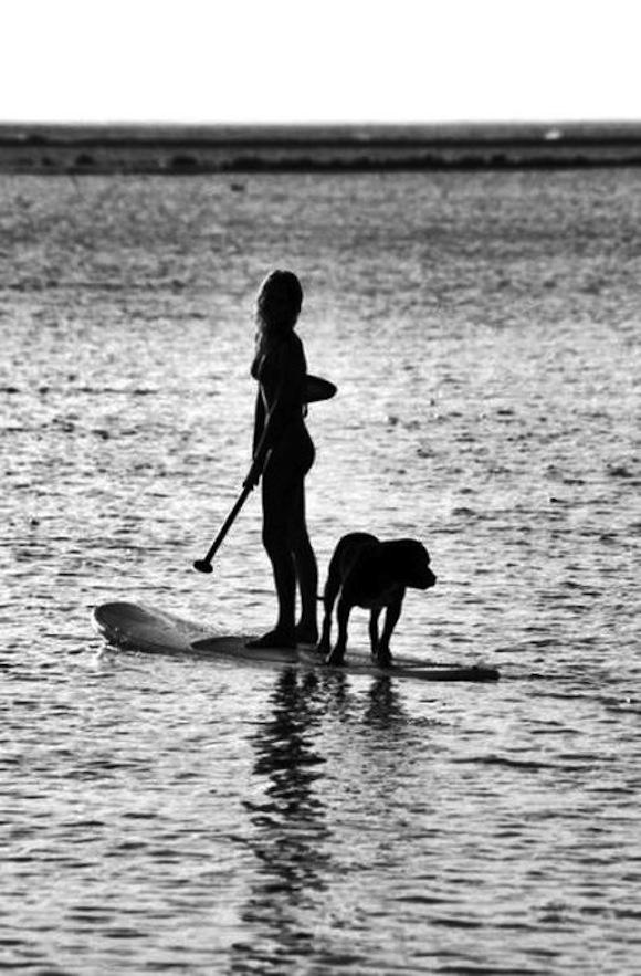 Surf girl and dog black and white